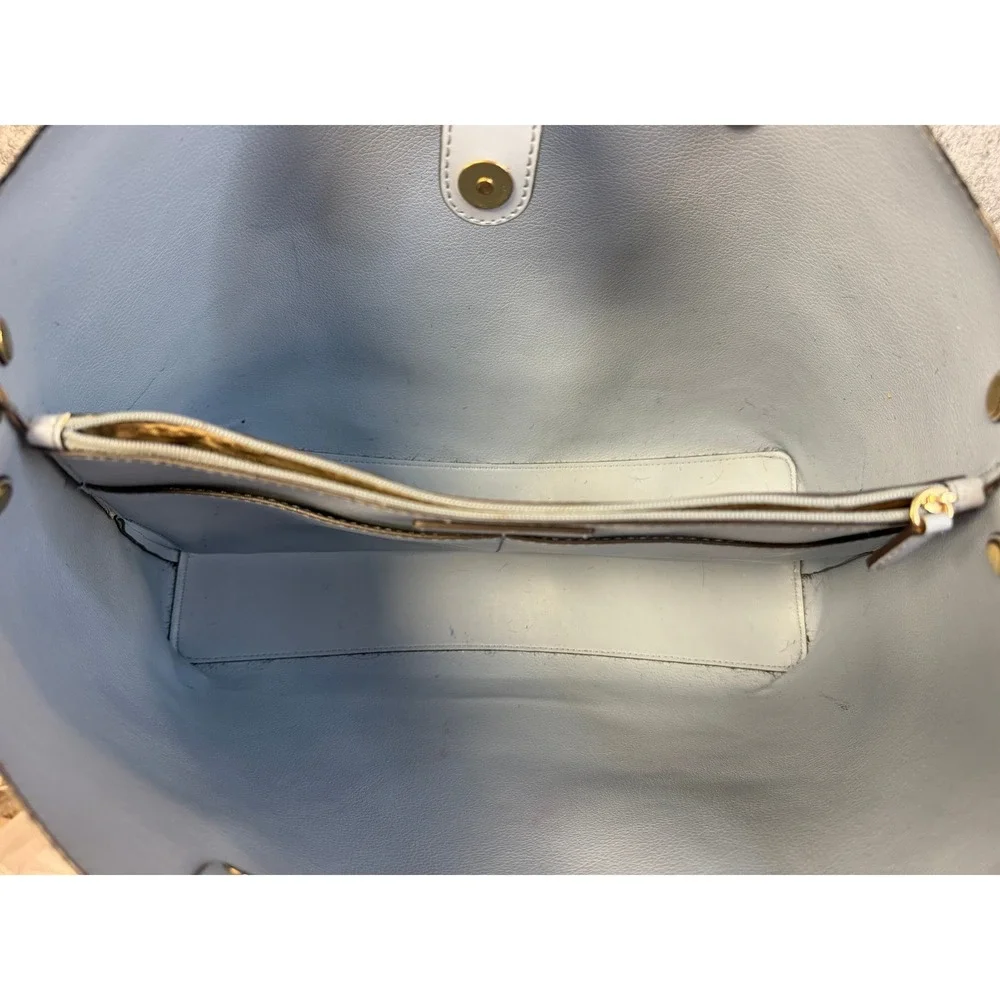 Michael Kors Charlotte Large Tote Bag Signature Logo‎ Cream Blue Gold Hardware